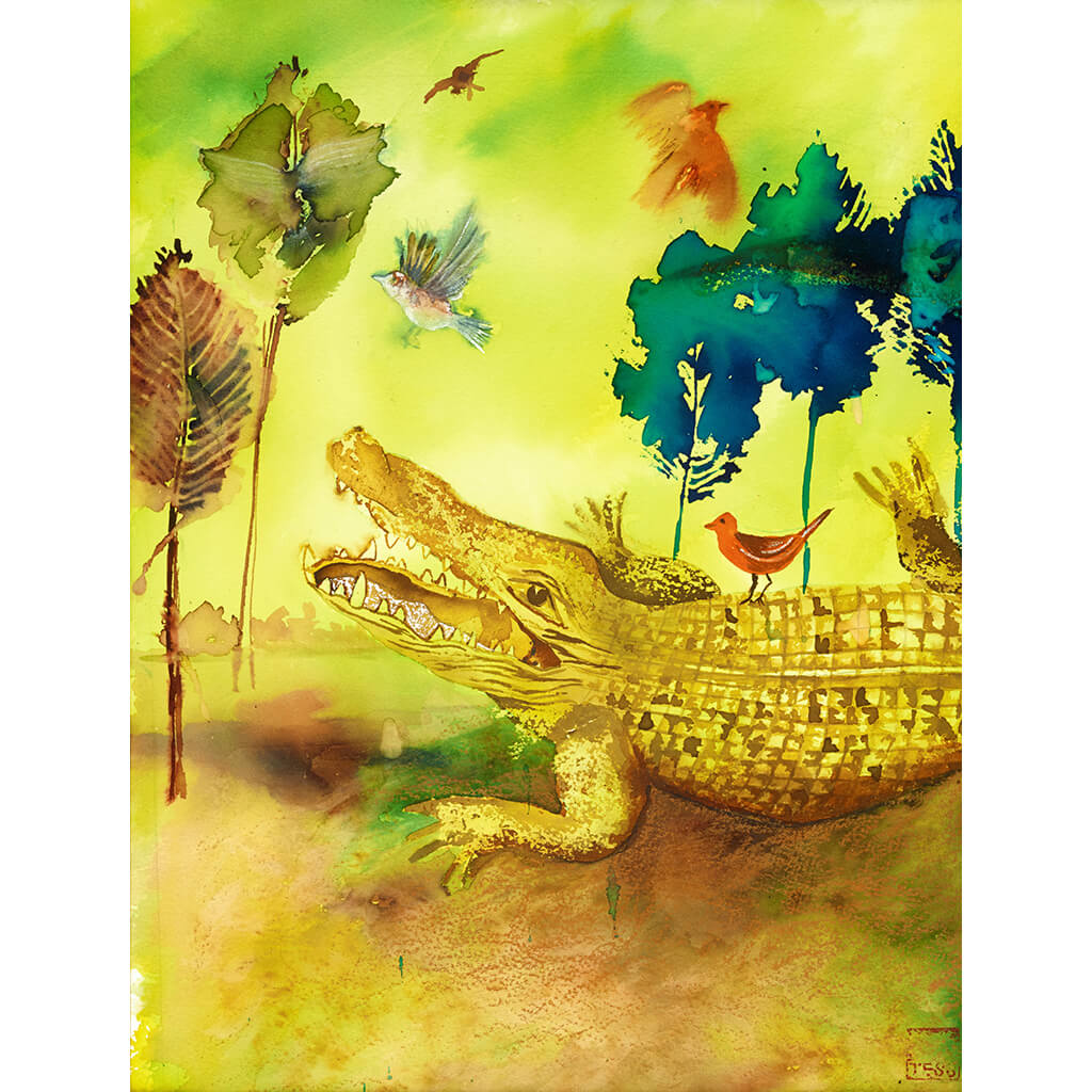 Snap by Tess Stone a predominantly yellow artwork featuring a crocodile and birds
