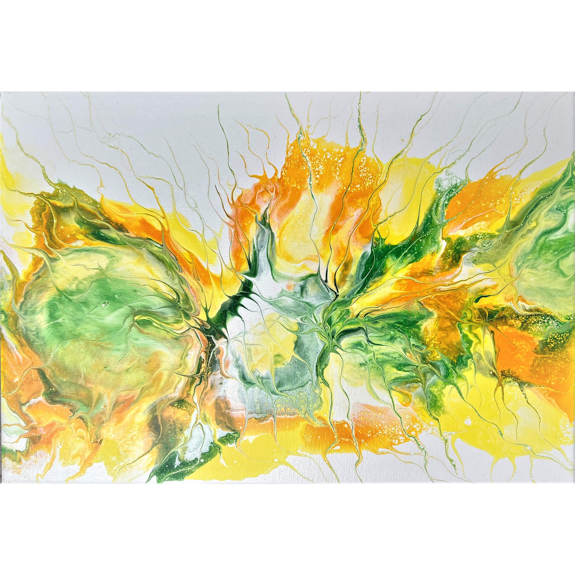 Spring Dancer is an original acrylic on canvas painting in orange, yellow and green by artist Vicki Demirdjian