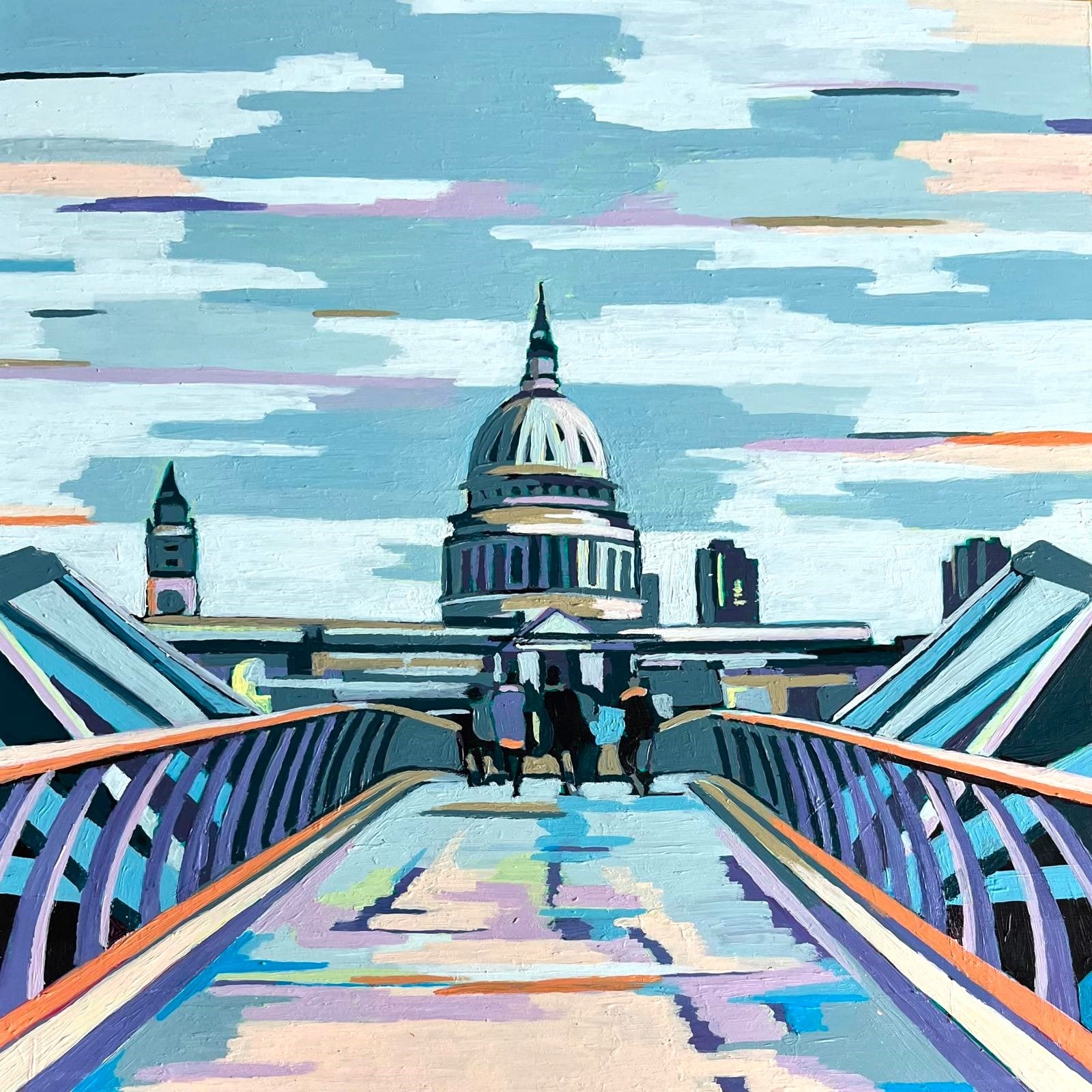 Colourful artwork of a cityscape with a St Paul's Cathedral London and people on the Millennium bridge by Mary Leach