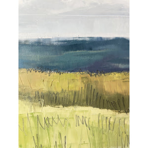 Abstract painting with horizontal brush strokes in blue, green, and brown on a white background