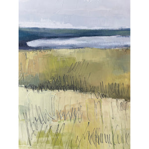 Abstract landscape painting with green fields and a gray sky.