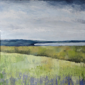 Painting of a landscape with green fields and a cloudy sky