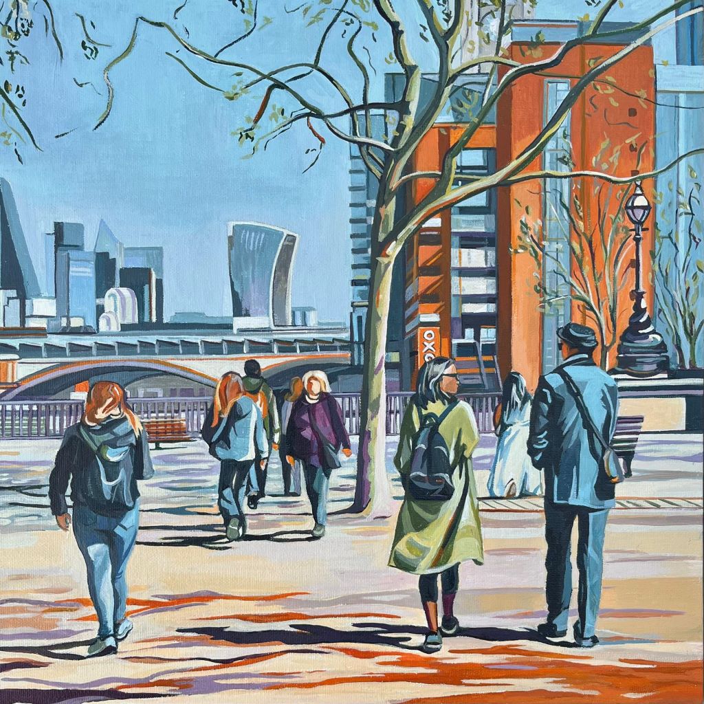 A original acrylic painting by Mary Leach of people walking along the Thames in London with a view of the Oxo Tower, a colourful representation of a familiar scene.