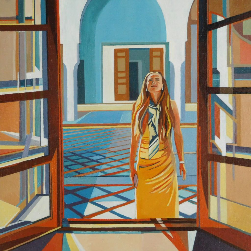A fine art print depicting a girl looking through a window of a riad. Bold colours and a striking image.