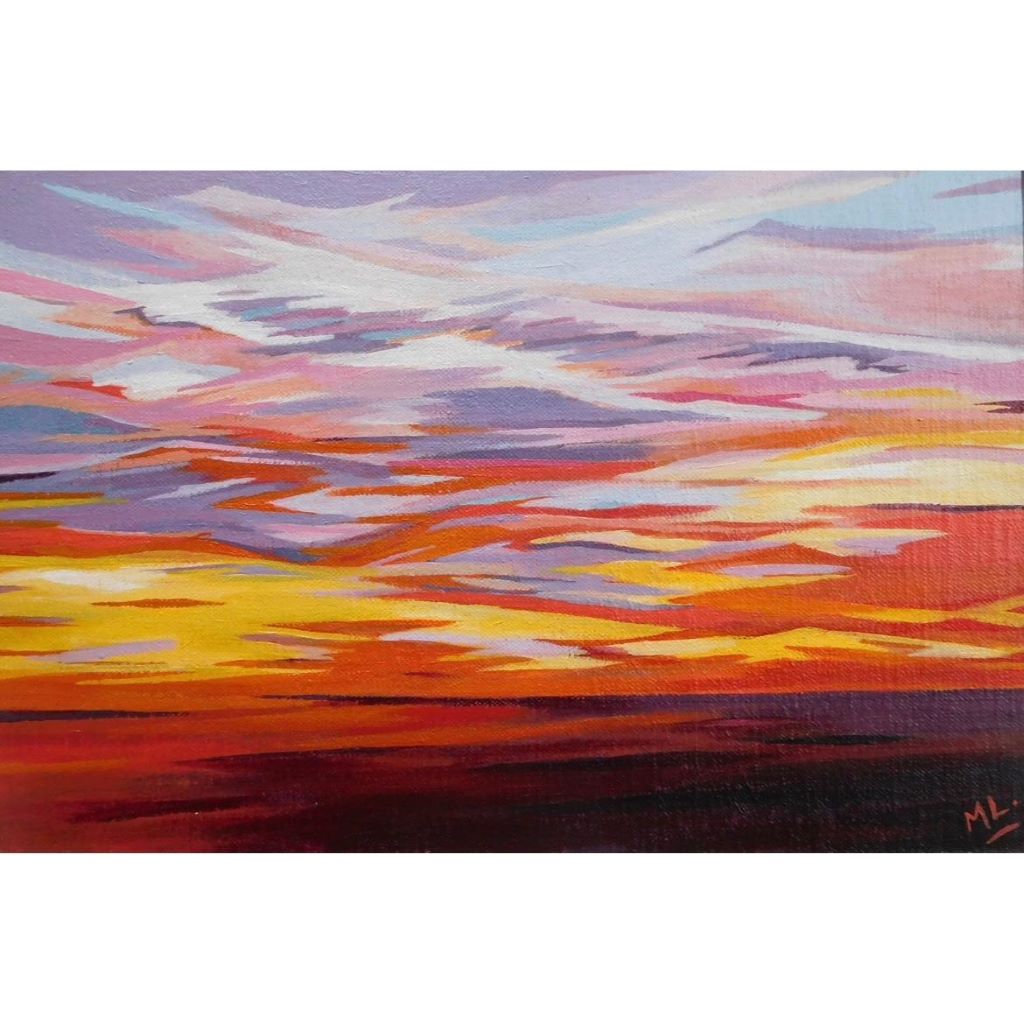 Abstract acrylic painting of a bright orange and purple sky at sunrise by Mary Leach