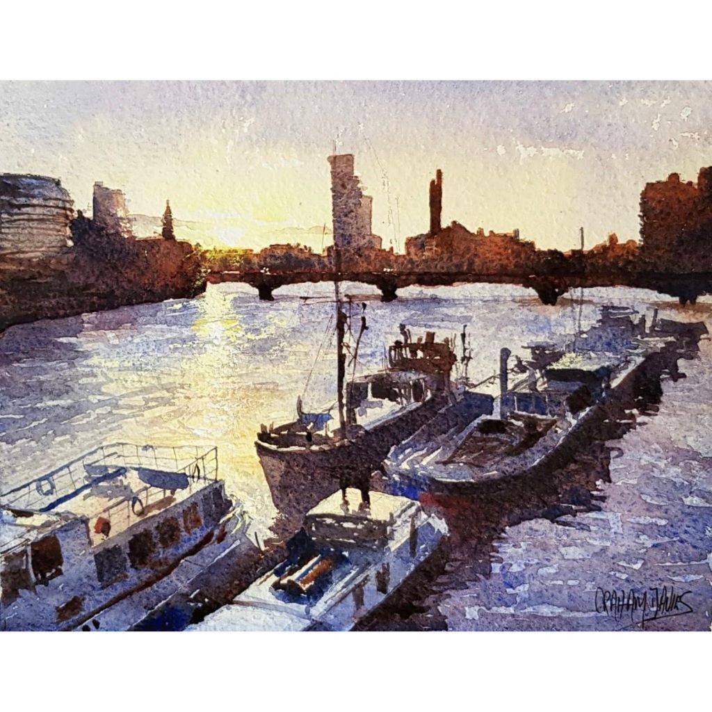 Watercolour painting of sunset from albert bridge towards Battersea Bridge