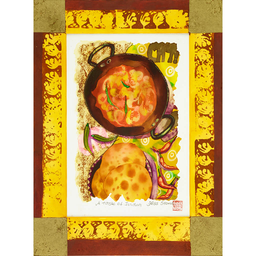A Taste Of India by Tess Stone a colourful painting of Indian food in warm shades