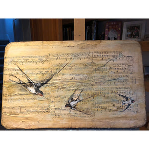 The Dance original mixed media painting of boards on sheet music on driftwood board by London artist Sarita Keeler