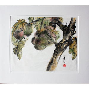 An original ink on mulberry paper artwork of figs and leaves by artist Judy Head mounted
