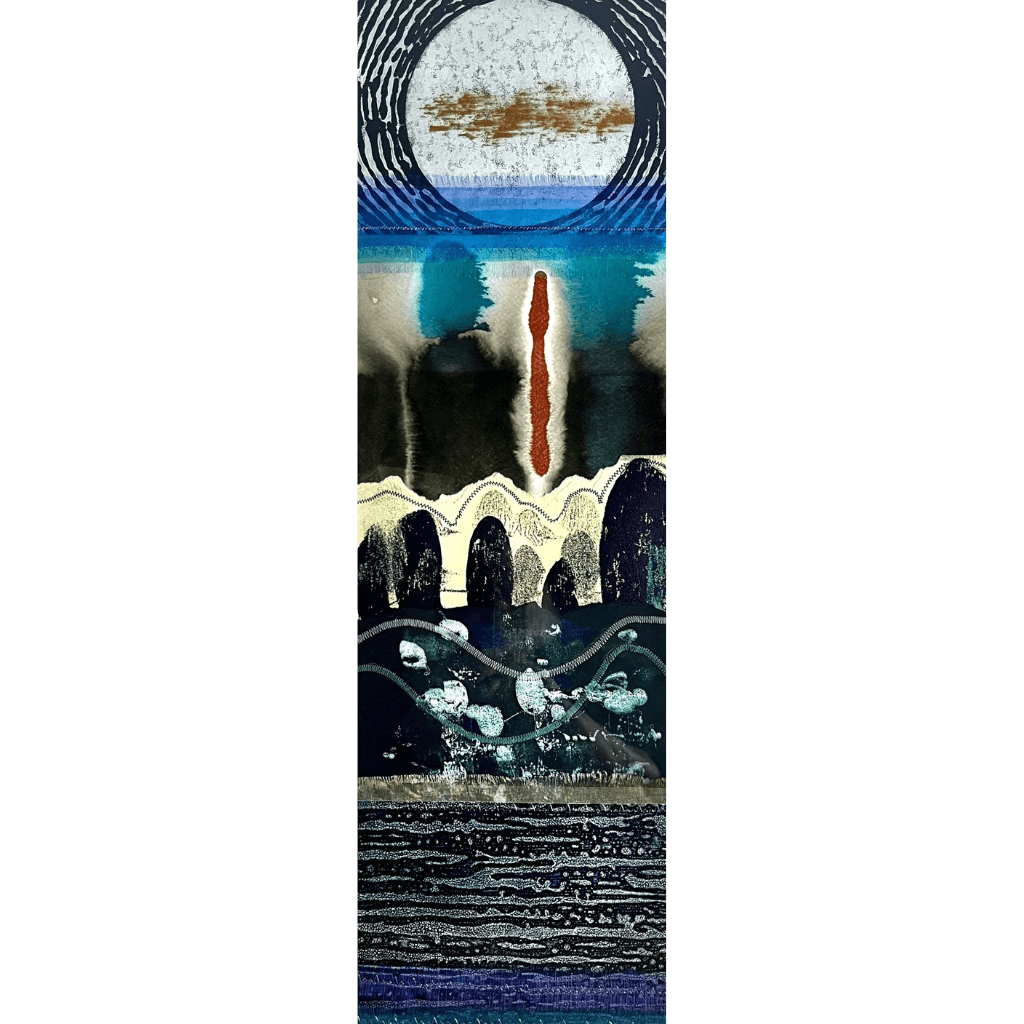 THRESHOLD III mixed media original artwork using lino print with fabric and stitch by London based artist Linda Jenkins
