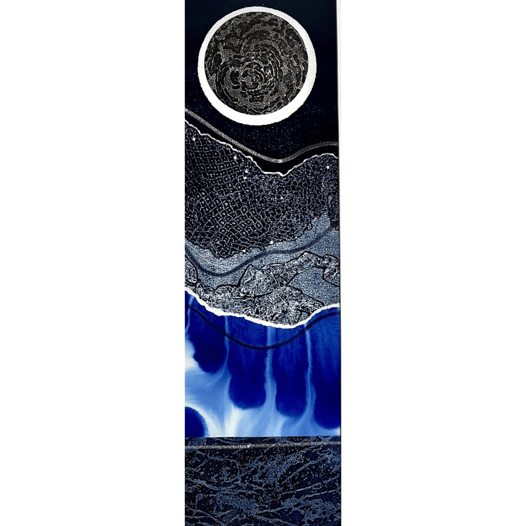 THRESHOLD II mixed media original artwork using monotype and collagraph prints and stitch by London based artist Linda Jenkins
