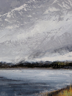 A textured landscape painting depicting a snowy mountain range above a calm body of water, rendered in shades of gray, white, and blue with small dark tree silhouettes along the horizon.