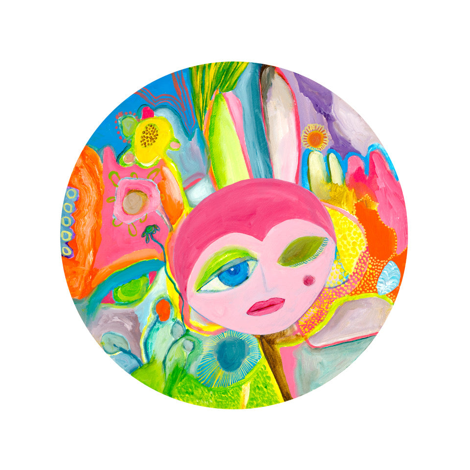 Tree Keeper, an original oil painting by Abigail Lipski, comprising a fantastical figure on a vibrant circular background.