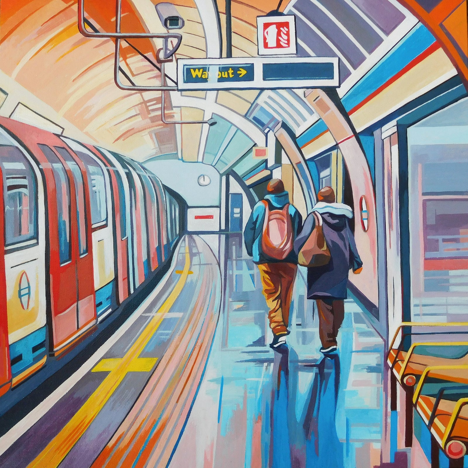 A colorful painted subway station scene with two people walking away on the platform beside a train. The artwork uses expressive brushstrokes and bright hues including blue, orange, red, yellow, and white, with station signage and benches visible.