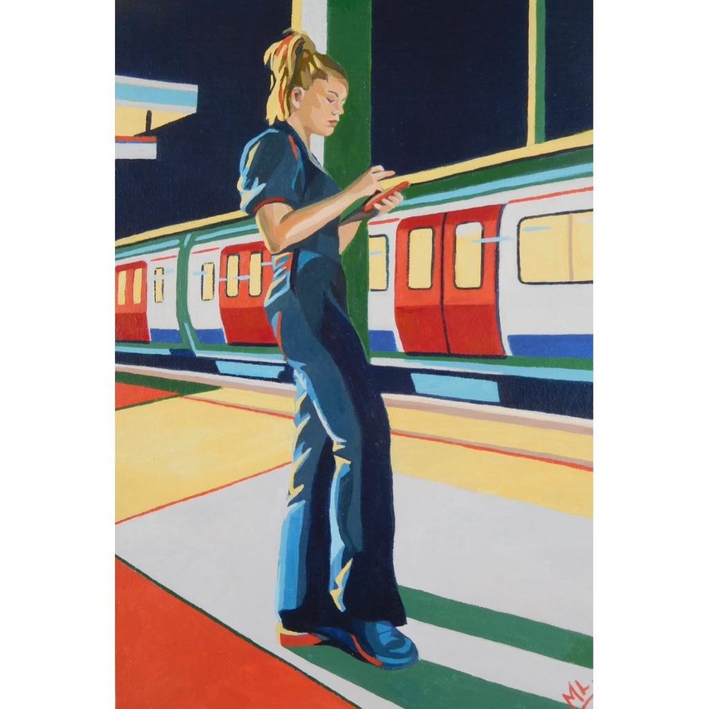 Painting of a woman waiting on a train platform with a colourful London underground train in the background by Mary Leach.