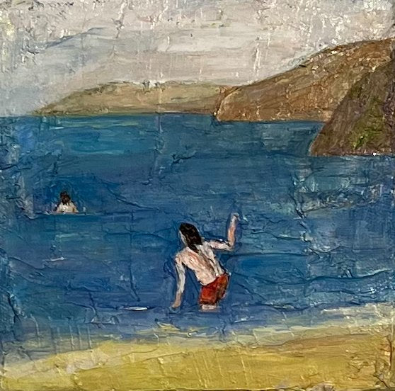 Painting of a person climbing a rocky cliff with a body of water and mountains in the background.