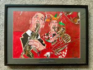 Mixed media on paper artwork of Whoopee Band Richard White and Malcolm Sked by Stella Tooth who is resident artist at the Half Moon Putney framed