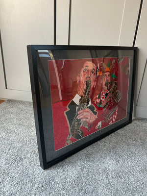 Mixed media on paper artwork of Whoopee Band Richard White and Malcolm Sked by Stella Tooth who is resident artist at the Half Moon Putney side view