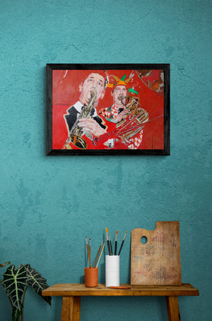 Mixed media on paper artwork of Whoopee Band Richard White and Malcolm Sked by Stella Tooth who is resident artist at the Half Moon Putney detail