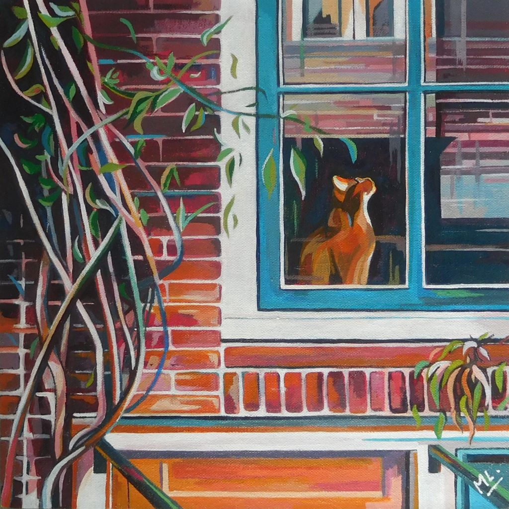 Painting of a cat looking out a window with a plant and brick wall in the foreground by Mary Leach