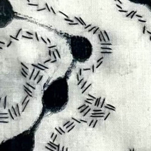 A close up of DANCING II  mixed media original artwork using monotype print with embroidery by London based artist Linda Jenkins