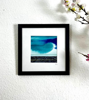 DRIFT I mixed media original artwork using collagraph print with stitch by London based artist Linda Jenkins framed and hanging on a wall
