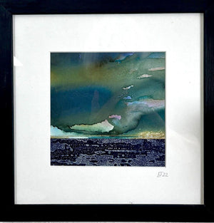 A close up of a framed DRIFT II mixed media original artwork using collagraph print with stitch by London based artist Linda Jenkins
