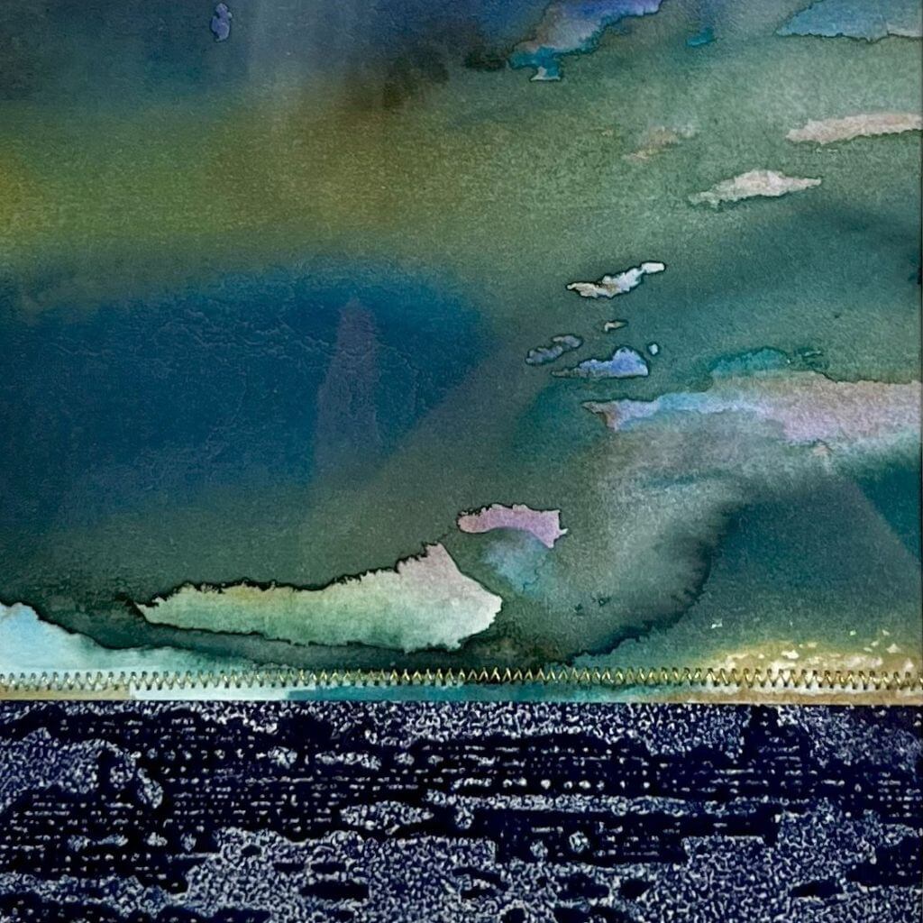 DRIFT II mixed media original artwork using collagraph print with stitch by London based artist Linda Jenkins
