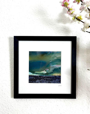 DRIFT II mixed media original artwork using collagraph print with stitch by London based artist Linda Jenkins framed and hanging on a wall
