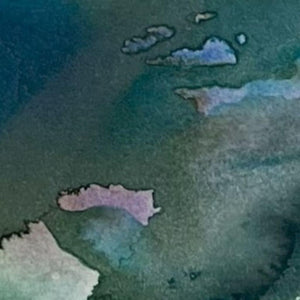 A close up of DRIFT II mixed media original artwork using collagraph print with stitch by London based artist Linda Jenkins
