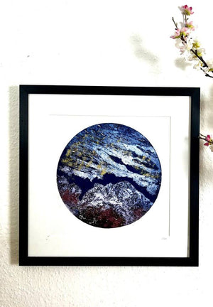 GAIA I mixed media original artwork using collagraph print with metallic powder by London based artist Linda Jenkins framed and hanging on a wall
