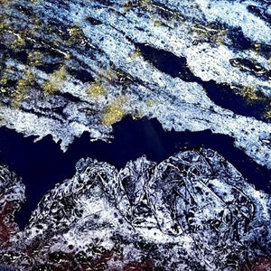 A close up of GAIA I mixed media original artwork using collagraph print with metallic powder by London based artist Linda Jenkins
