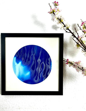 GAIA II original artwork using acrylic inks by London based artist Linda Jenkins framed and hanging on a wall
