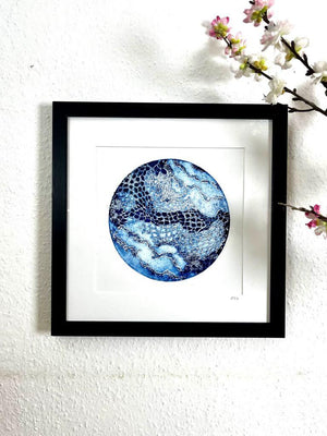 GAIA III mixed media original artwork using collagraph print with gouache by London based artist Linda Jenkins framed and hanging on a wall
