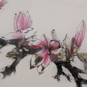 An original ink on paper artwork of pink magnolia flowers by artist Judy Head detail