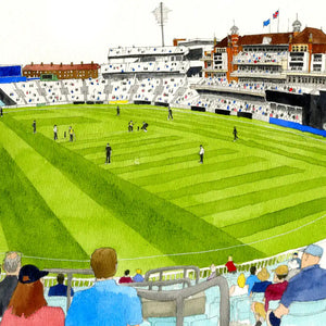 Watercolor-style illustration of the oval cricket stadium with a green field, spectators in the stands, and buildings around the stadium.