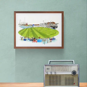artwork depicting a stylized cricket match at the oval 