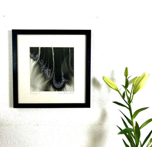 WHISPERING II original artwork using acrylic inks by London based artist Linda Jenkins framed and hanging on a wall
