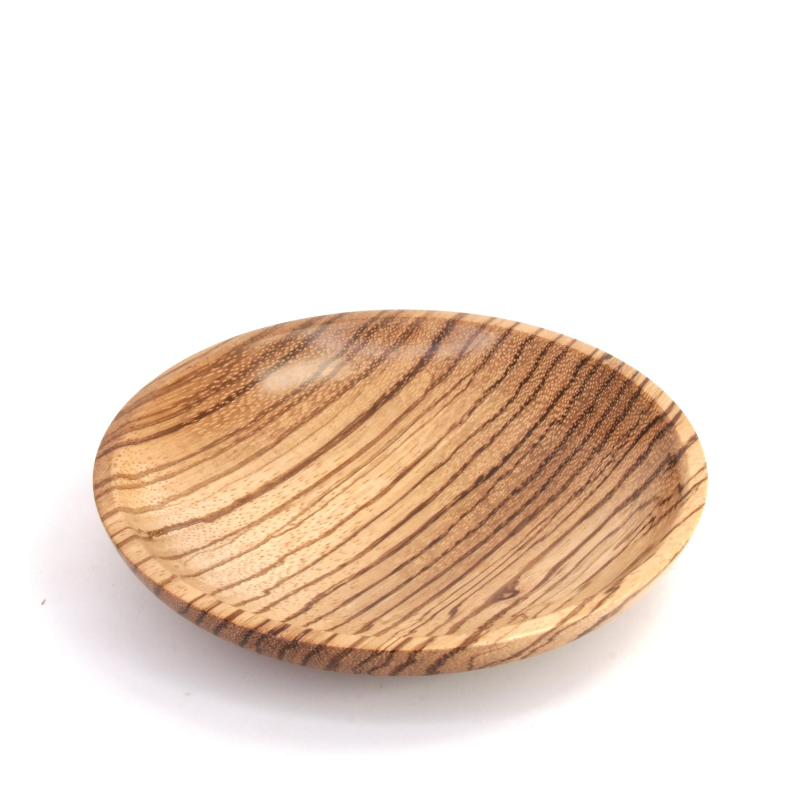 A small oval wooden serving plate with a prominent dark grain pattern on a light tan wood base, photographed on a clean white background.