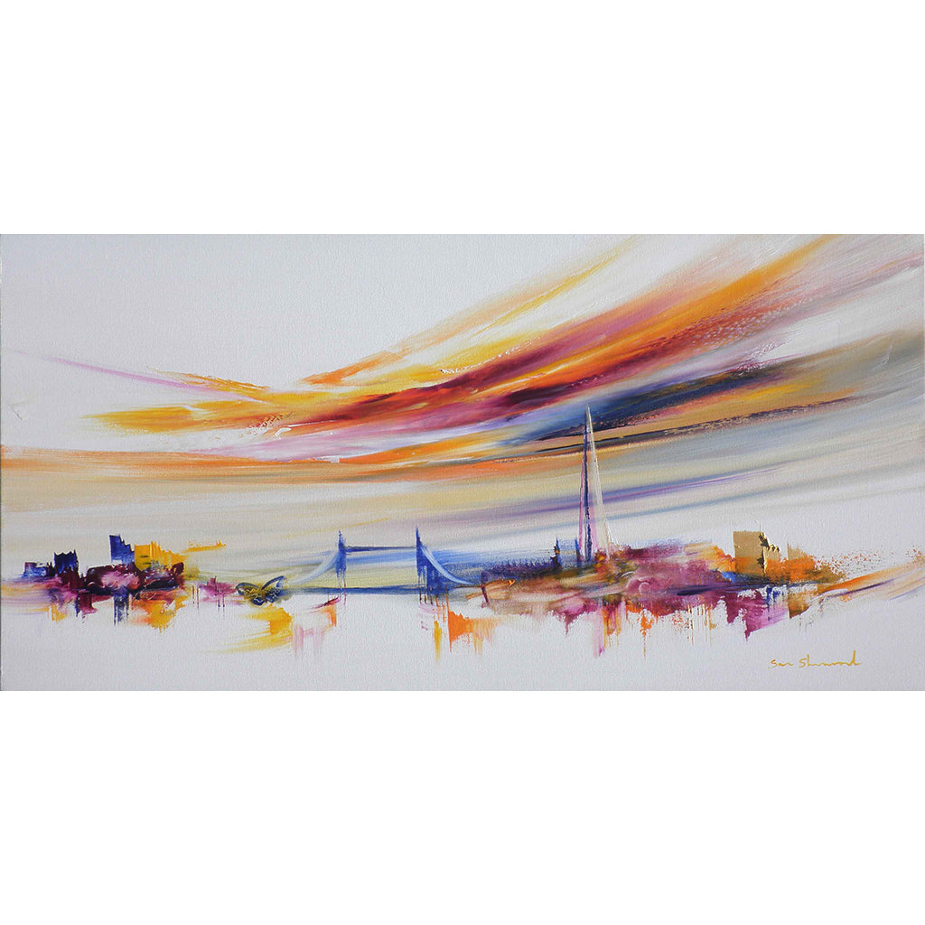 Cityscape and abstract artist Sara Sherwood created Love Guides Us.  A city view beneath colourful skies originally painted in oil on canvas.