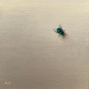 Artwork of a green fly on a wall original miniature painting in acrylic on canvas panel