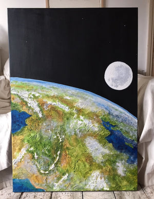 Above and Beyond a textural painting of Earth seen from space by Gill Hickman, this image shows the painting in portrait view