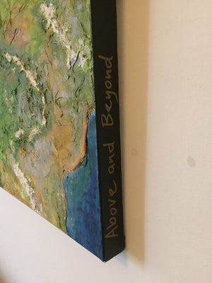 Above and Beyond painting by Gill Hickman showing the deep-edge canvas and the title written on the side