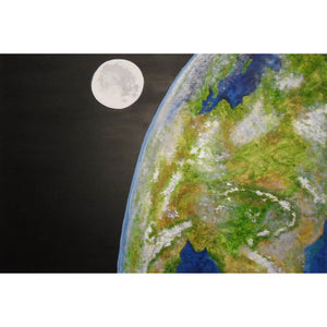 Above and Beyond a mixed-media textured painting on canvas by Gill Hickman of Planet Earth seen from space.