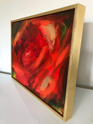 Abstract Peony 2 original acrylic and gold leaf red floral painting on canvas by Claire Thorogood flower and nature artist Side