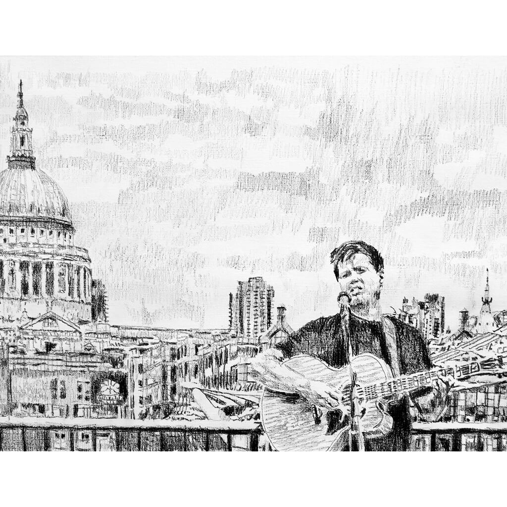Alex Gibson Southbank busker Mixed media on paper artwork by Stella Tooth Artist
