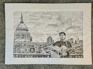 Alex Gibson Southbank London busker Mixed media on paper artwork by Stella Tooth Artist