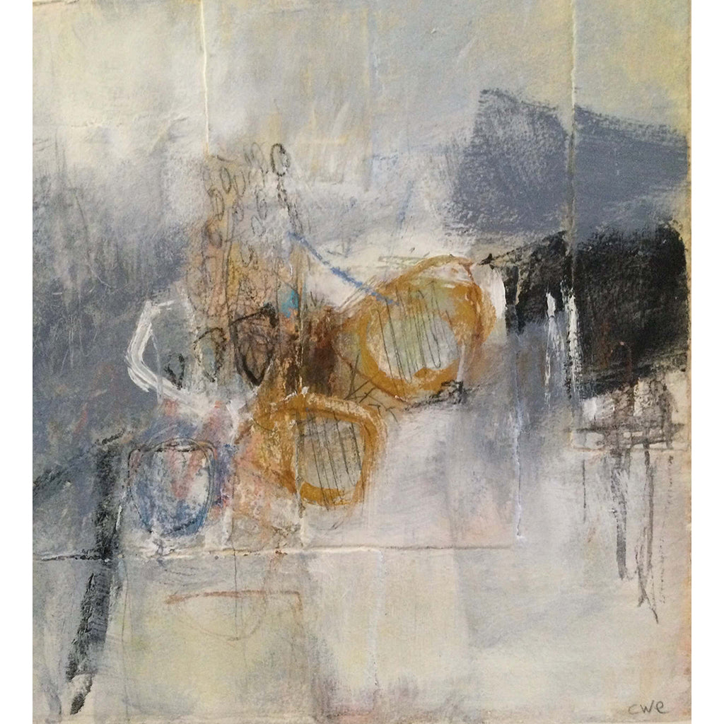 Amber, Grey, White II acrylic and collage artwork by South East London visual artist Carol Edgar offered in an off white mount