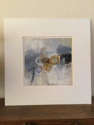 Amber, Grey, White II acrylic and collage artwork by South East London visual artist Carol Edgar offered in an off white mount