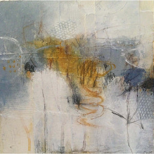 Amber, Grey, White acrylic and collage artwork by London visual artist Carol Edgar displayed in an off white mount